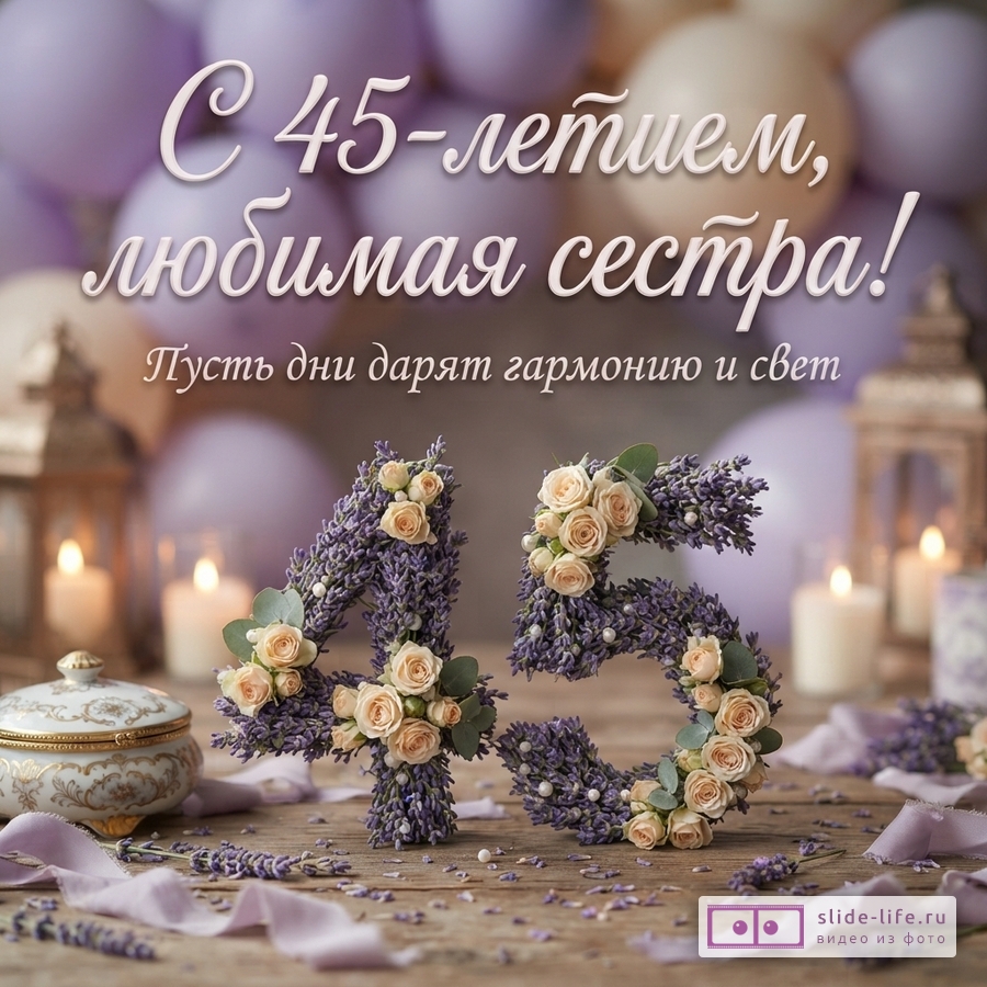 Открытка с фиолетовыми и белыми воздушными шарами на фоне. В центре надпись белым шрифтом «С 45-летием, любимая сестра! Пусть дни дарят гармонию и свет». Ниже на деревянной поверхности объемные цифры «45» из лаванды и кремовых роз. Слева шкатулка, справа фонари со свечами.