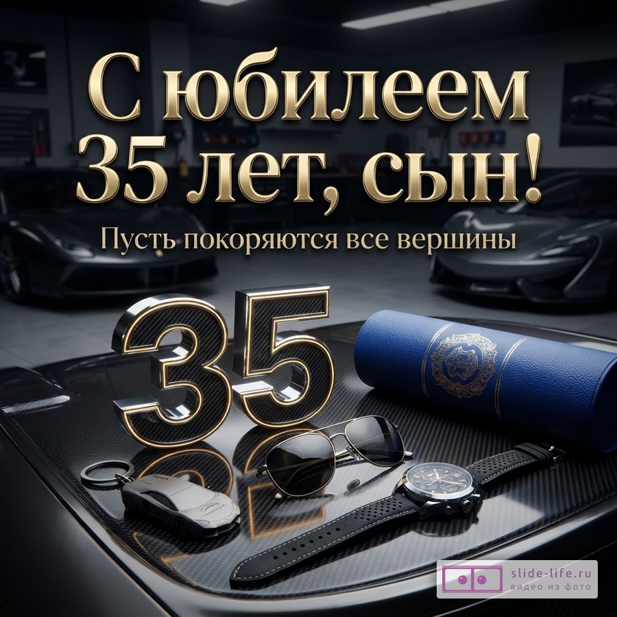 Объемные цифры 35, наручные часы, очки и синий футляр на капоте авто с надписью «С юбилеем 35 лет, сын! Пусть покоряются все вершины» в гараже со спорткарами.