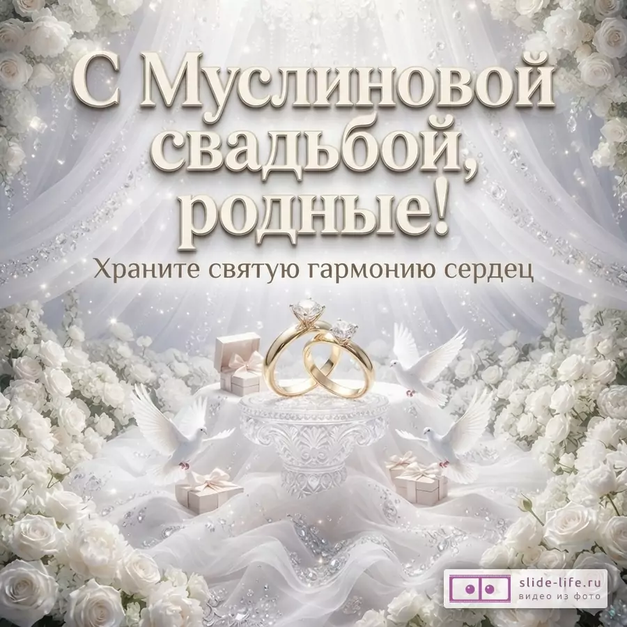 Белый фон, белые розы, белые голуби, два золотых кольца с бриллиантами, подарочные коробки. Текст: «С Муслиновой свадьбой, родные! Храните святую гармонию сердец»