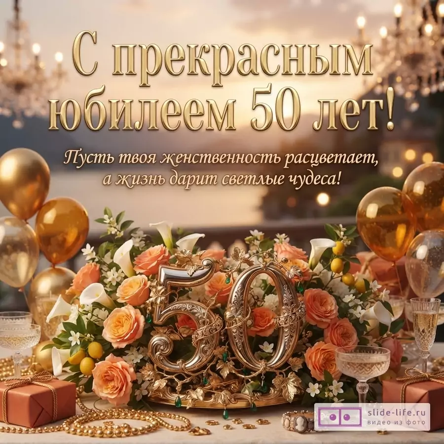 Золотые буквы на темном фоне «С прекрасным юбилеем 50 лет! Пусть твоя женственность расцветает, а жизнь дарит светлые чудеса!»