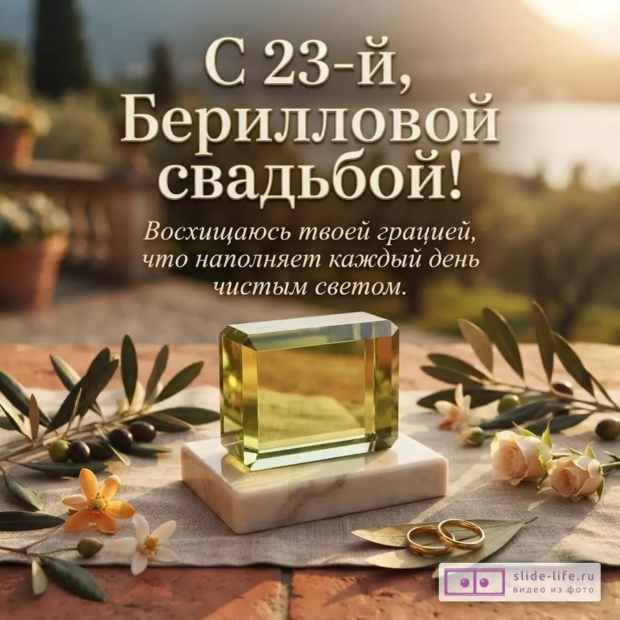 Ограненный берилл на мраморной подставке, оливковые ветви, цветы и обручальные кольца с текстом «С 23-й, Берилловой свадьбой! Восхищаюсь твоей грацией, что наполняет каждый день чистым светом».