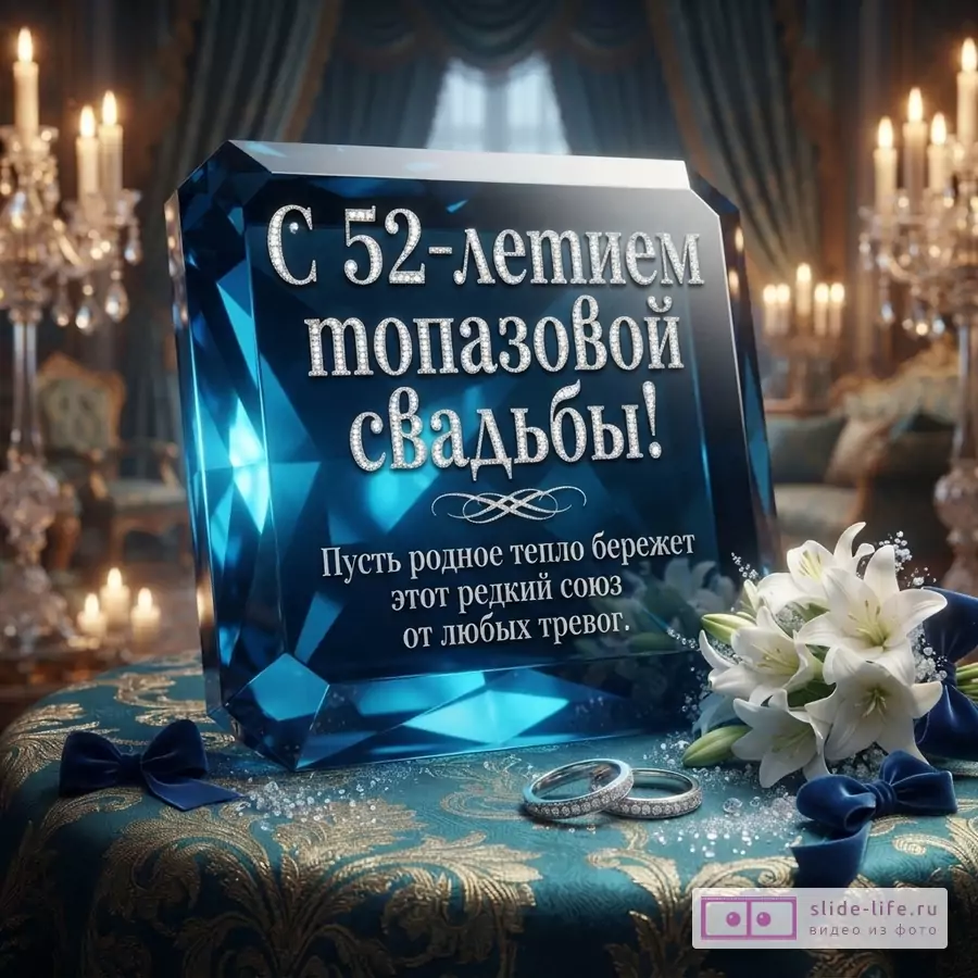 Открытка с синим топазом на столе, фон интерьера. Текст: «С 52-летием топазовой свадьбы! Пусть родное тепло бережет этот редкий союз от любых тревог.»
