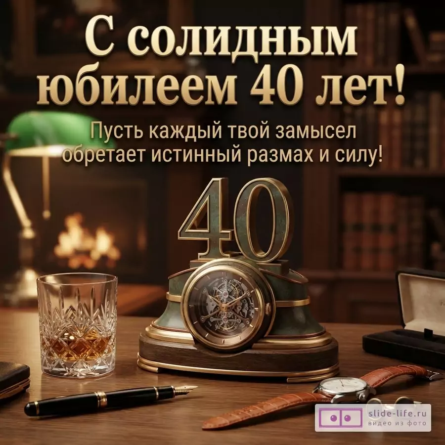Фон темный, коричневый, с размытым изображением книжных полок и камина. На переднем плане деревянный стол, на нем стакан с виски, ручка, часы, запонки и настольные часы с цифрой «40». Текст: «С солидным юбилеем 40 лет! Пусть каждый твой замысел обретает истинный размах и силу!»