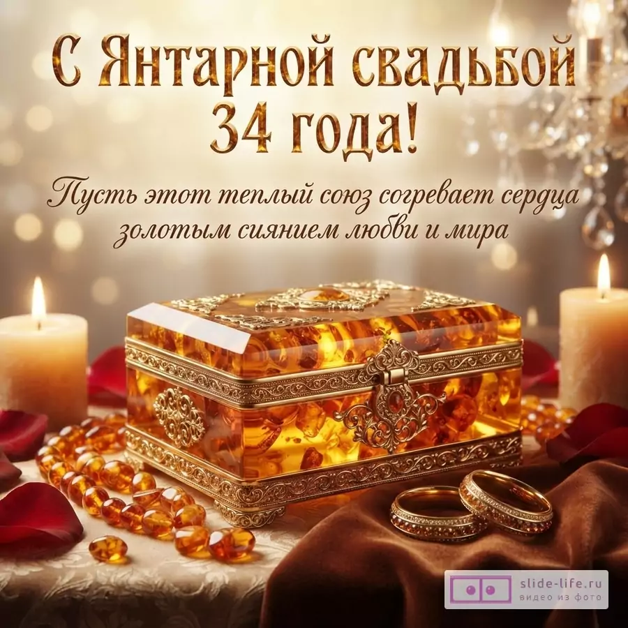 Фон размытый, золотистый. В центре янтарная шкатулка, рядом янтарные бусы, две свечи, красные лепестки роз. Справа два золотых кольца на коричневой ткани. Текст: «С Янтарной свадьбой 34 года! Пусть этот теплый союз согревает сердца золотым сиянием любви и мира»