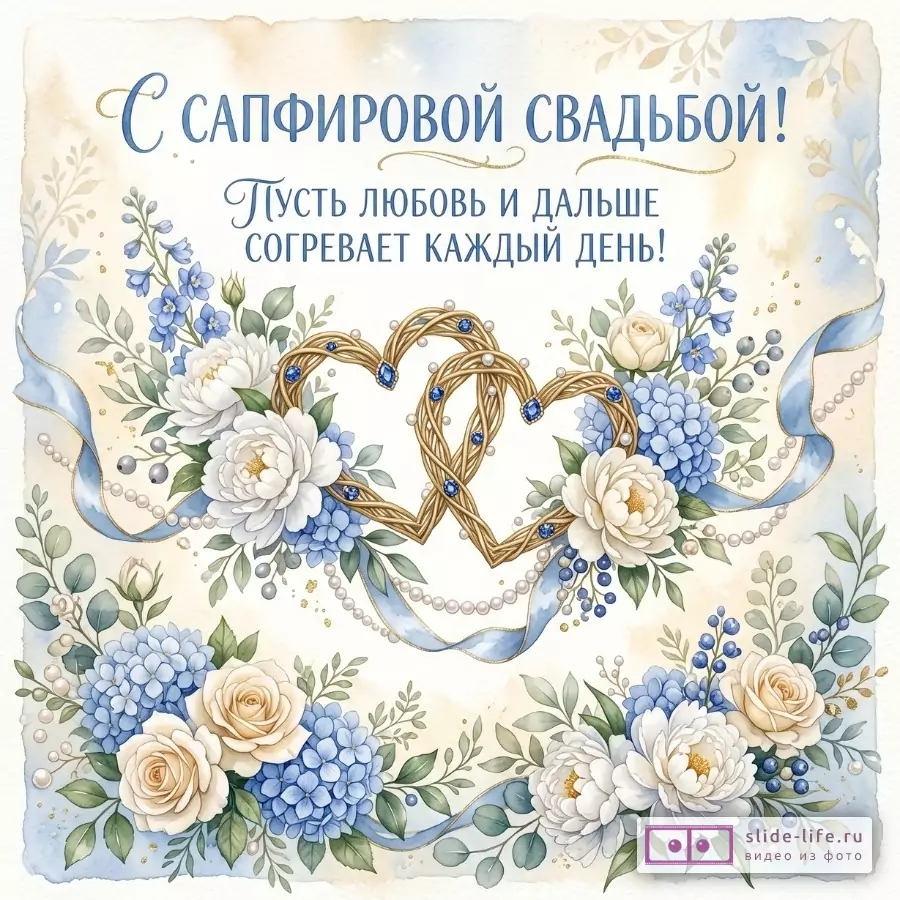 Кремово-бежевый фон, голубые и белые цветы, белые розы, жемчуг, золотые переплетенные сердца и синие ленты. Текст: «С сапфировой свадьбой! Пусть любовь и дальше согревает каждый день!»