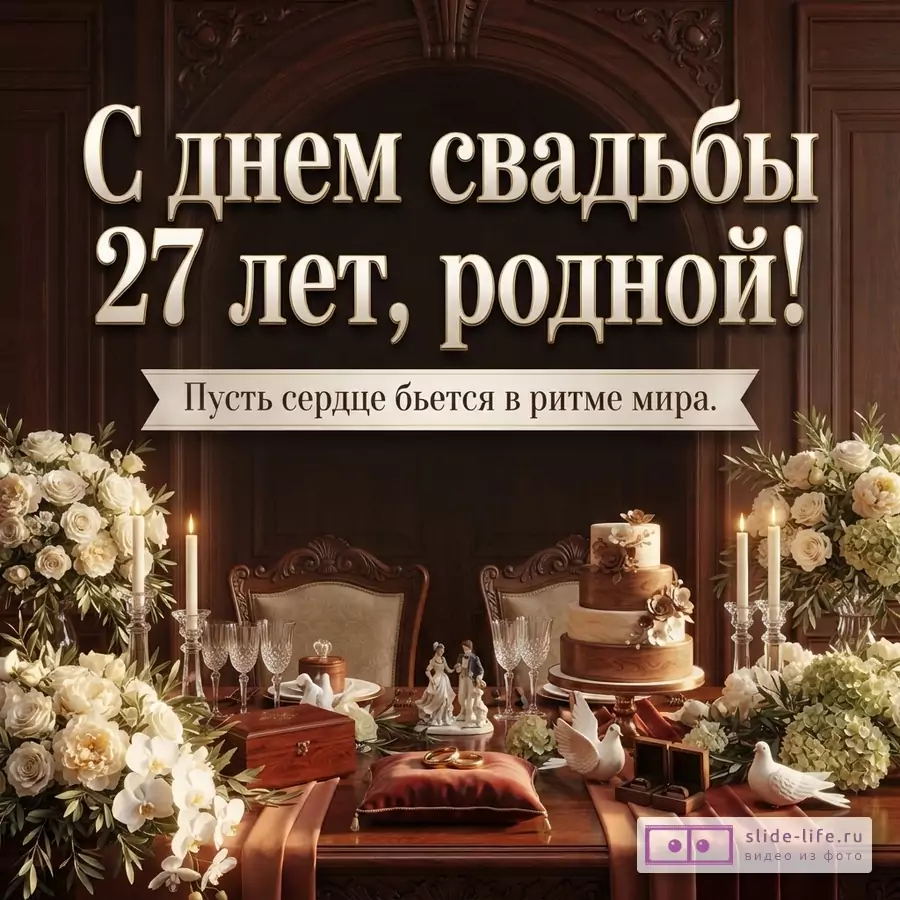 Стол с праздничной сервировкой, цветами, свечами, свадебным тортом и статуэтками на темном фоне. Текст: «С днем свадьбы 27 лет, родной! Пусть сердце бьется в ритме мира.»