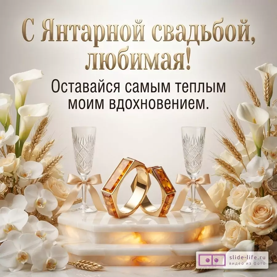 Открытка с бежевым фоном, золотыми буквами, цветами каллы и розами, колосьями пшеницы, двумя бокалами и двумя янтарными кольцами. Текст: «С Янтарной свадьбой, любимая! Оставайся самым теплым моим вдохновением.»