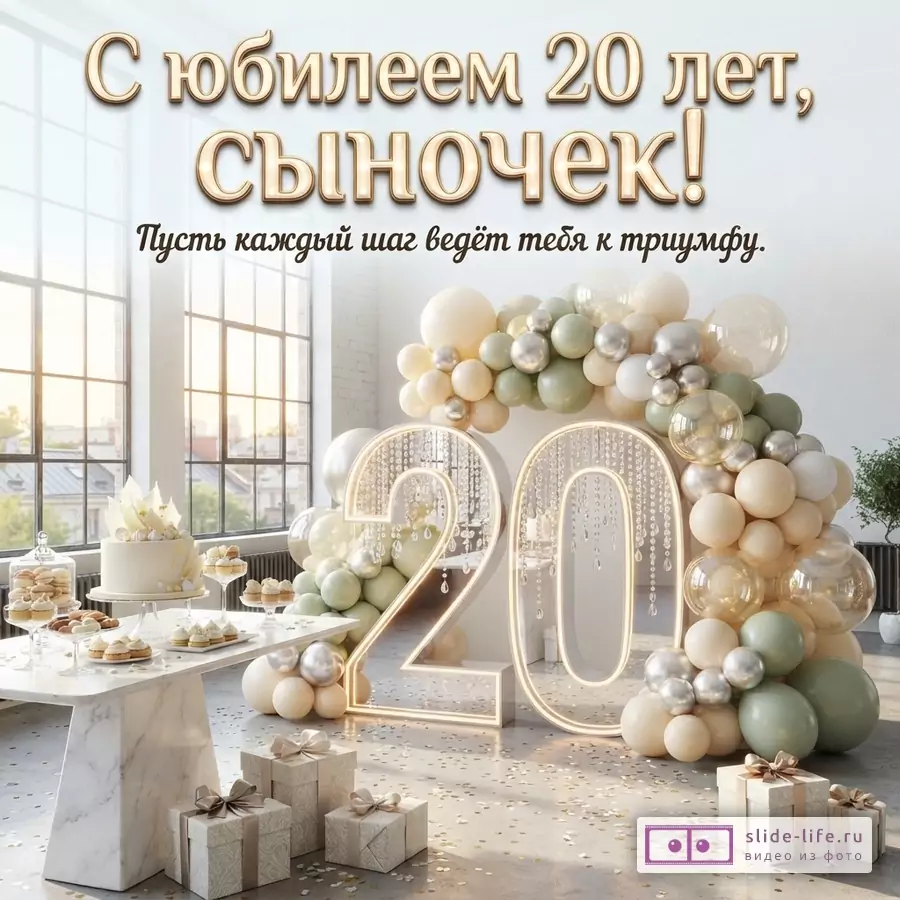 Большие светящиеся цифры 20, арка из бежевых и оливковых шаров, торт и подарки с текстом «С юбилеем 20 лет, родной сын! Пусть каждый шаг ведёт тебя к триумфу.»