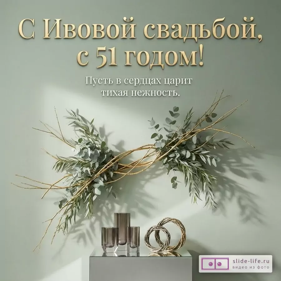 Открытка на светло-зеленом фоне с золотыми буквами и зелеными ветками. Внизу три серых стакана и два золотых кольца. Текст: «С Ивовой свадьбой, с 51 годом! Пусть в сердцах царит тихая нежность.»