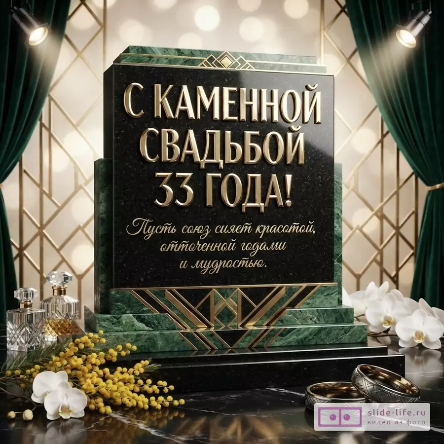 Черная мраморная плита с золотыми буквами, зеленые мраморные элементы, золотой геометрический узор, зеленые шторы, две бутылочки духов, ветка мимозы, белые орхидеи, два обручальных кольца. Текст: «С КАМЕННОЙ СВАДЬБОЙ 33 ГОДА! Пусть союз сияет красотой, отточенной годами и мудростью.»