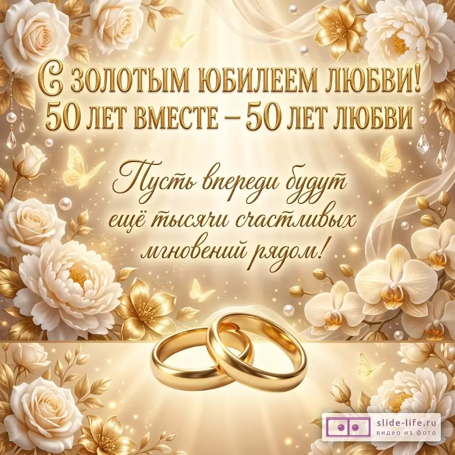 Бежево-золотой фон, цветы, бабочки, кольца. «С золотым юбилеем любви! 50 лет вместе — 50 лет любви. Пусть впереди будут ещё тысячи счастливых мгновений рядом!»