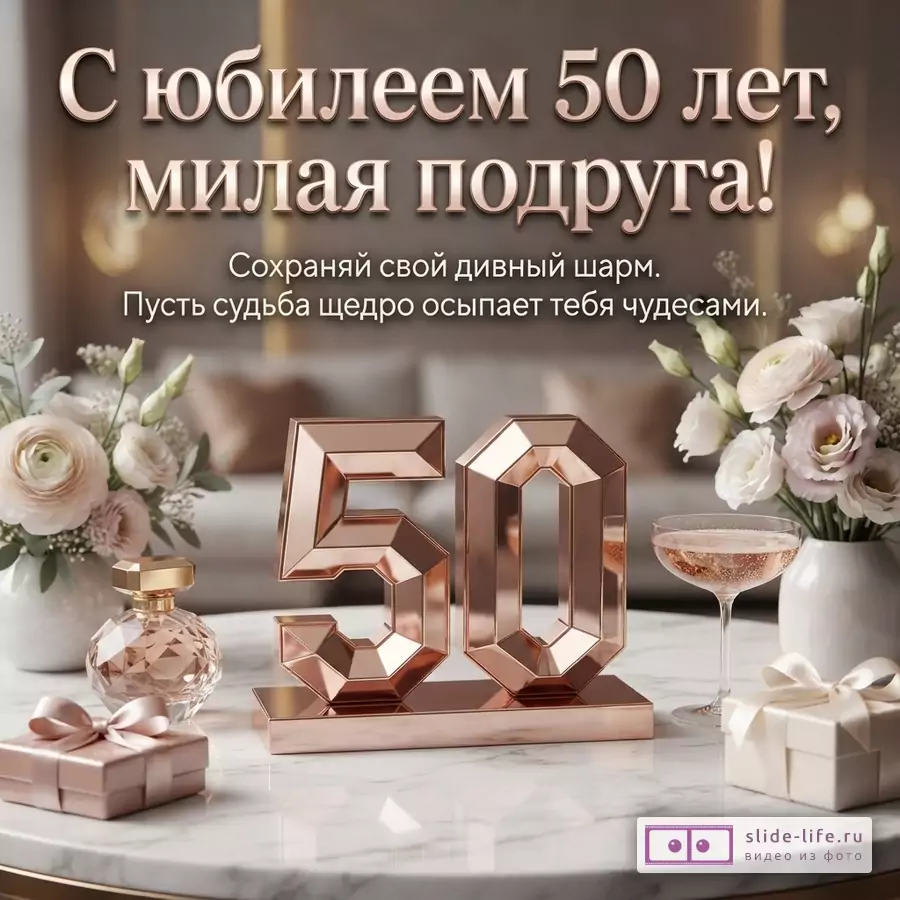 Открытка с юбилеем 50 лет. Фон размытый, бежевый. В центре золотые цифры «50». Слева флакон духов и подарок, справа бокал шампанского и подарок, цветы. Текст «С юбилеем 50 лет, милая подруга! Сохраняй свой дивный шарм. Пусть судьба щедро осыпает тебя чудесами.»