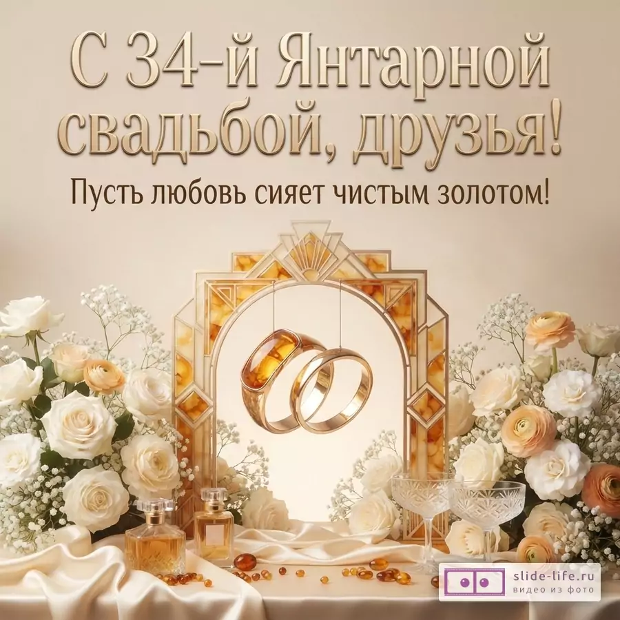 Бежевый фон, золотые буквы, золотые обручальные кольца с янтарем, цветы, две бутылочки духов, две рюмки. Текст: «С 34-й Янтарной свадьбой, друзья! Пусть любовь сияет чистым золотом!»