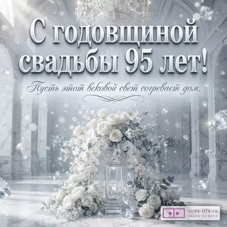 Белый мраморный зал с хрустальной люстрой, композиция из белых роз и орхидей с надписью «С годовщиной свадьбы 95 лет! Пусть этот вековой свет согревает дом.»