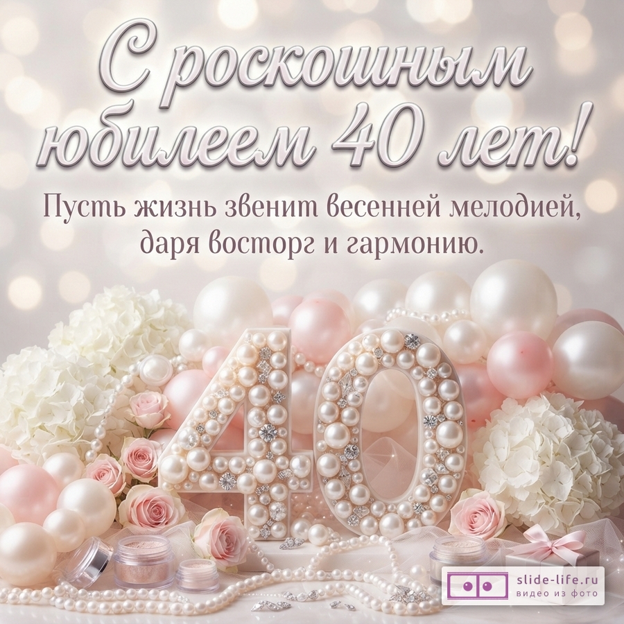 Светлый фон с боке, в центре надпись «С роскошным юбилеем 40 лет! Пусть жизнь звенит весенней мелодией, даря восторг и гармонию.». Внизу композиция из белых и розовых жемчужин, цветов гортензии и роз, цифры «40» из жемчуга и страз, жемчужных бус, косметики и подарочной коробки.