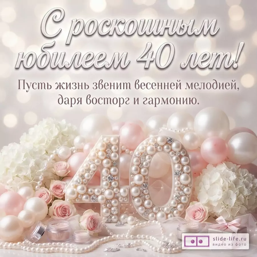 Светлый фон с боке, в центре надпись «С роскошным юбилеем 40 лет! Пусть жизнь звенит весенней мелодией, даря восторг и гармонию.». Внизу композиция из белых и розовых жемчужин, цветов гортензии и роз, цифры «40» из жемчуга и страз, жемчужных бус, косметики и подарочной коробки.