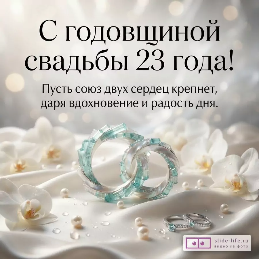 Два сплетенных кольца с бериллами на белом шелке среди орхидей и жемчуга с текстом «С годовщиной свадьбы 23 года! Пусть союз двух сердец крепнет, даря вдохновение и радость дня.»