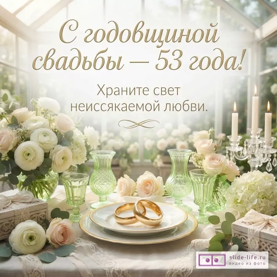 Светлый фон, накрытый стол, белые цветы в зеленых вазах, золотые обручальные кольца на тарелке. Текст: «С годовщиной свадьбы — 53 года! Храните свет неиссякаемой любви.»