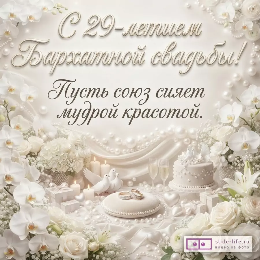 Бежево-белая открытка с белыми цветами, жемчугом, свадебным тортом, свечами, бокалами и кольцами. Текст «С 29-летием Бархатной свадьбы! Пусть союз сияет мудрой красотой.»