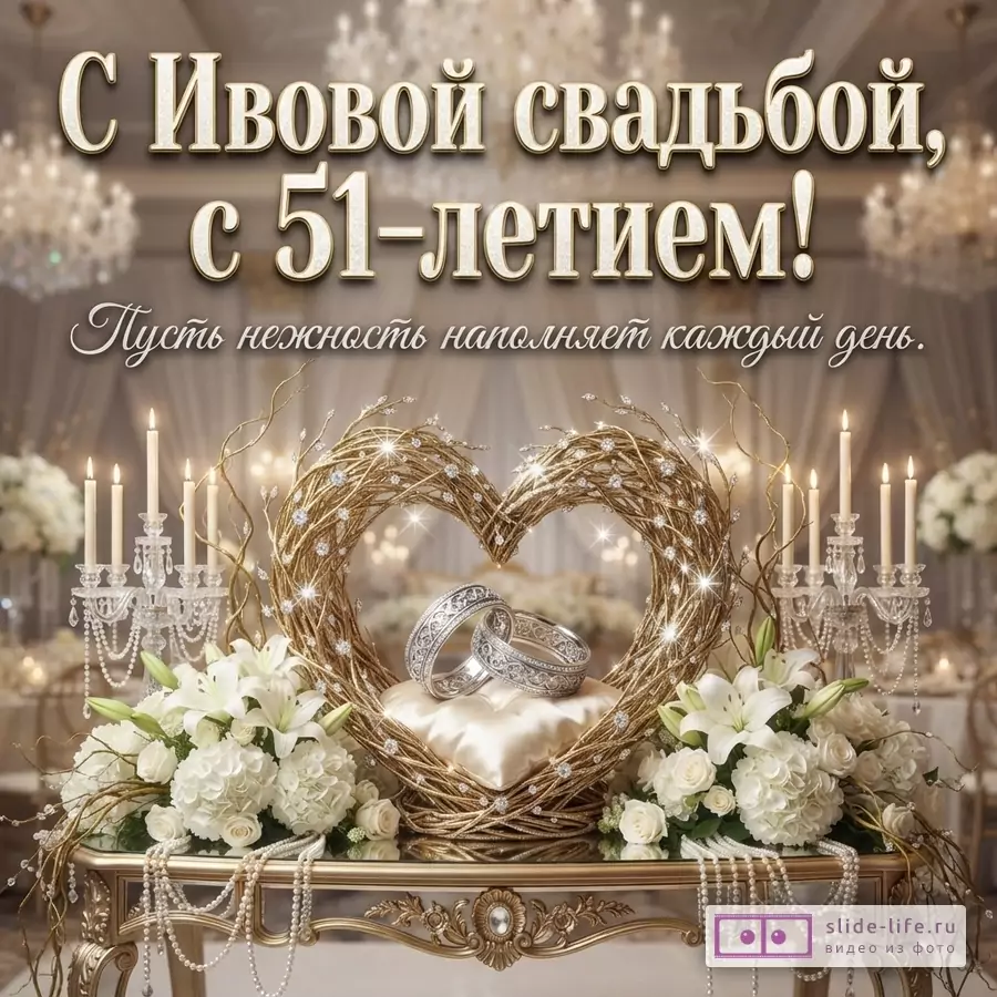Открытка с золотым фоном, люстрами, свечами, цветами, золотым сердцем из веток, обручальными кольцами на подушке. Текст: «С Ивовой свадьбой, с 51-летием! Пусть нежность наполняет каждый день.»