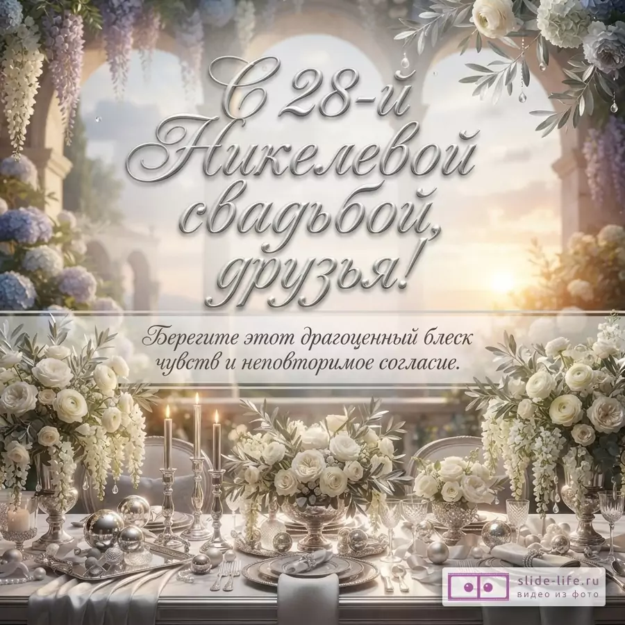 Стол, сервированный для праздника, с белыми цветами и свечами, на фоне арки и заката. Текст: «С 28-й Никелевой свадьбой, друзья! Берегите этот драгоценный блеск чувств и неповторимое согласие.»