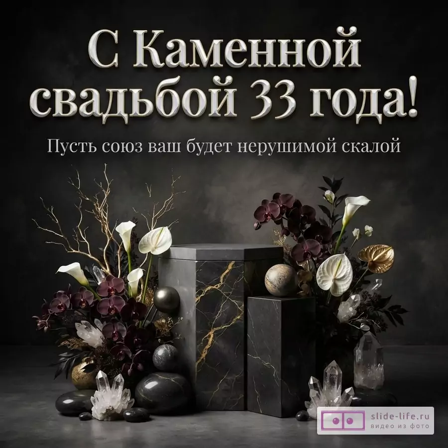 Темно-серый фон, сверху текст «С Каменной свадьбой 33 года! Пусть союз ваш будет нерушимой скалой». Внизу композиция из черных мраморных постаментов с золотыми прожилками, черных и белых цветов, золотых веток, камней и кристаллов.