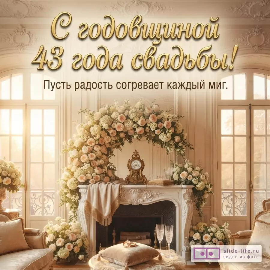 Открытка с бежевым фоном, золотыми буквами «С годовщиной 43 года свадьбы! Пусть радость согревает каждый миг.», камином, цветами и окнами.