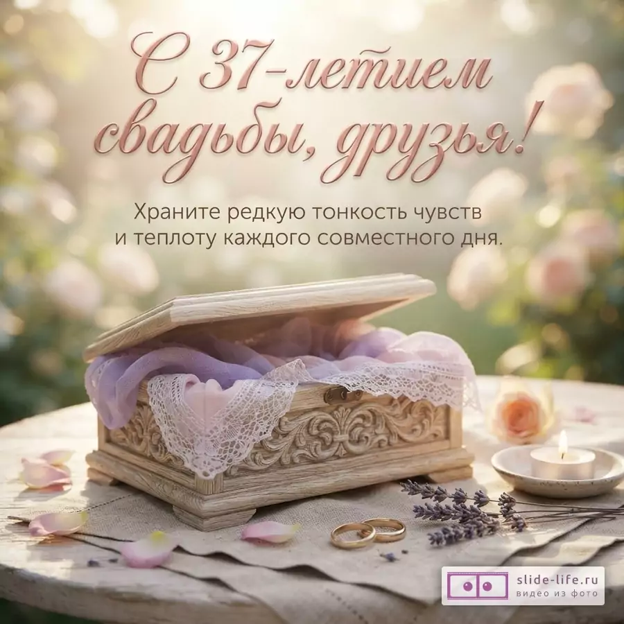Открытка с бежевым фоном, розовыми розами на заднем плане. В центре деревянная шкатулка с кружевной тканью, рядом два золотых кольца, лаванда, свеча и лепестки роз. Текст: «С 37-летием свадьбы, друзья! Храните редкую тонкость чувств и теплоту каждого совместного дня.»