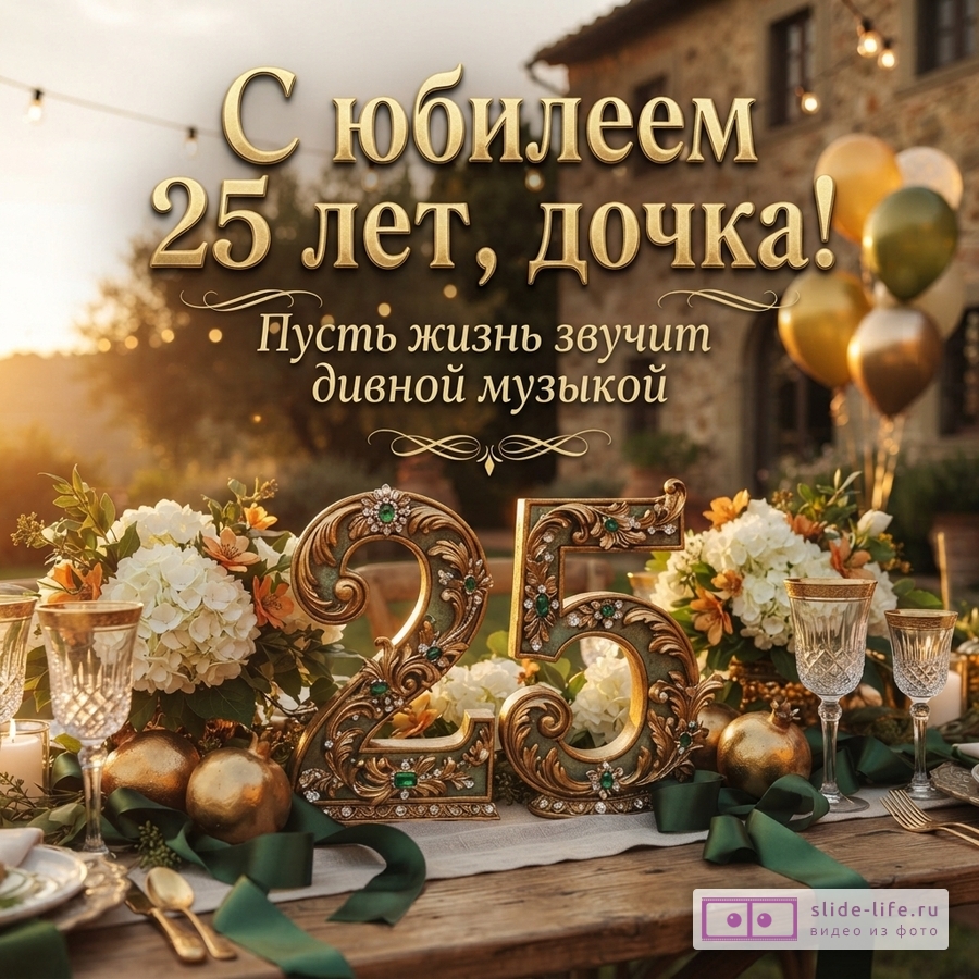 Объемная золотая цифра 25 с узорами на праздничном столе с цветами, шарами и бокалами, надпись: «С юбилеем 25 лет, дочка! Пусть жизнь звучит дивной музыкой».