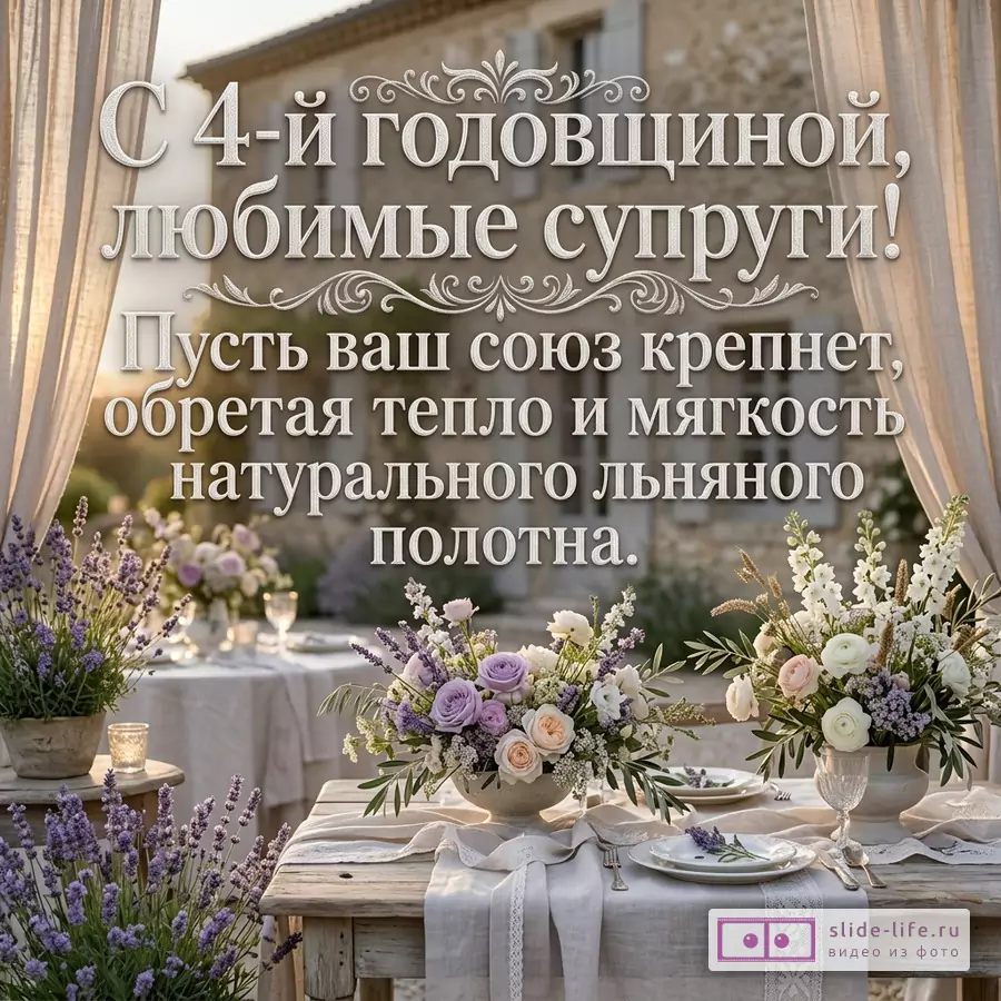 Светлый дворик, льняные занавески, стол с букетами лавандовых и бело-розовых цветов; текст «С 4-й годовщиной, любимые супруги!»