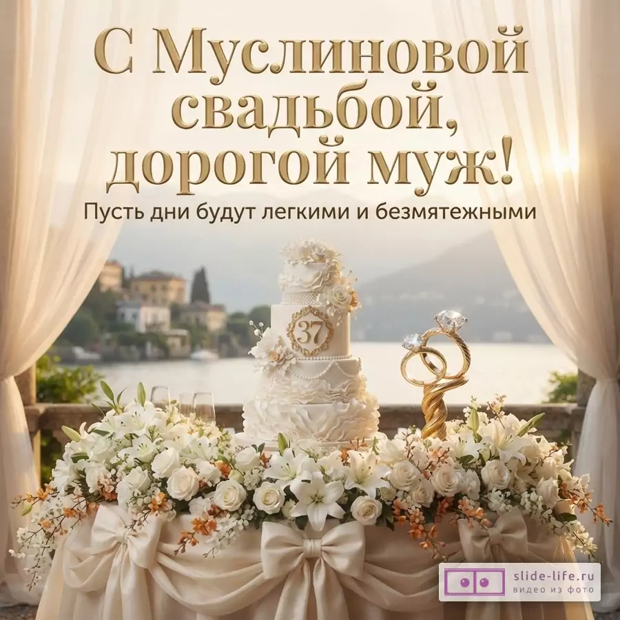 Открытка с Муслиновой свадьбой, фон бежевый, шторы, вид на озеро. На переднем плане стол с белой скатертью, украшенный белыми цветами, свадебный торт с цифрой «37», золотые кольца. Текст: «С Муслиновой свадьбой, дорогой муж! Пусть дни будут легкими и безмятежными»
