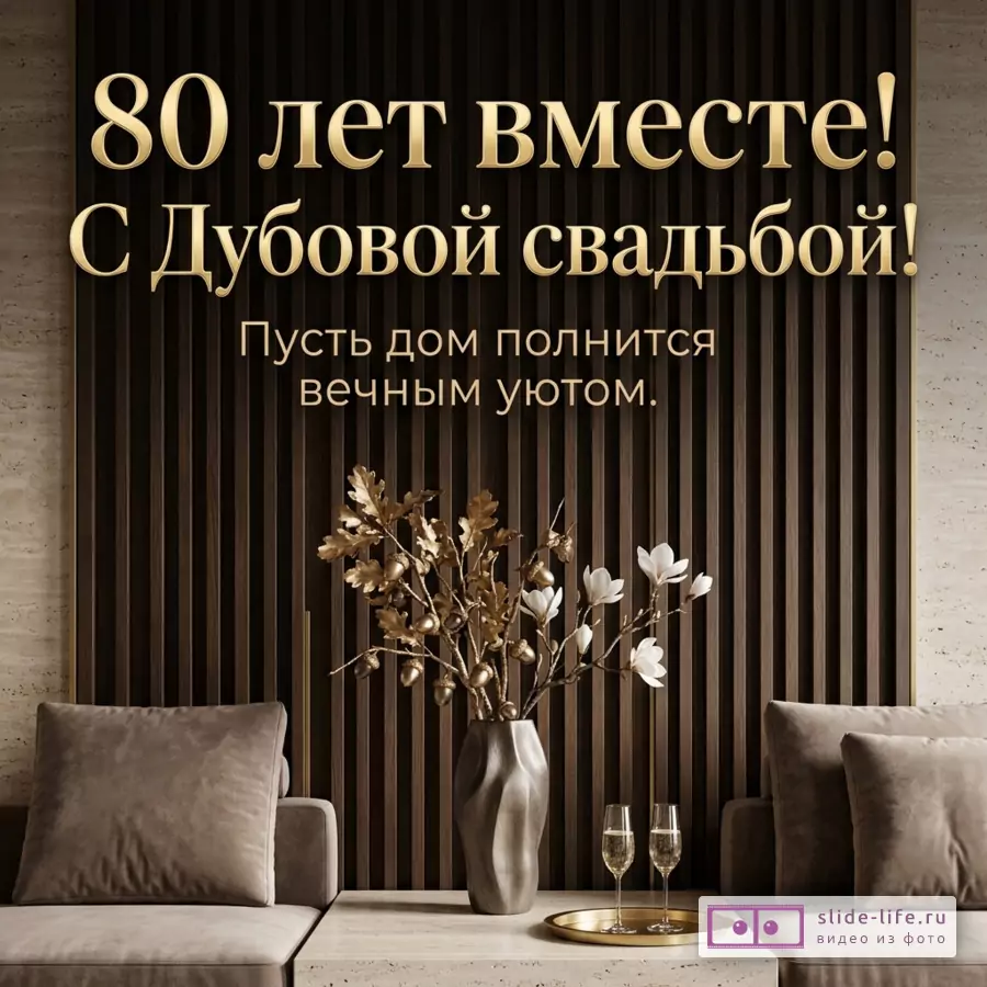 Тёмно-коричневый интерьер с вазой и декоративными ветвями, золотистым текстом «80 лет вместе! С Дубовой свадьбой! Пусть дом полнится вечным уютом.»