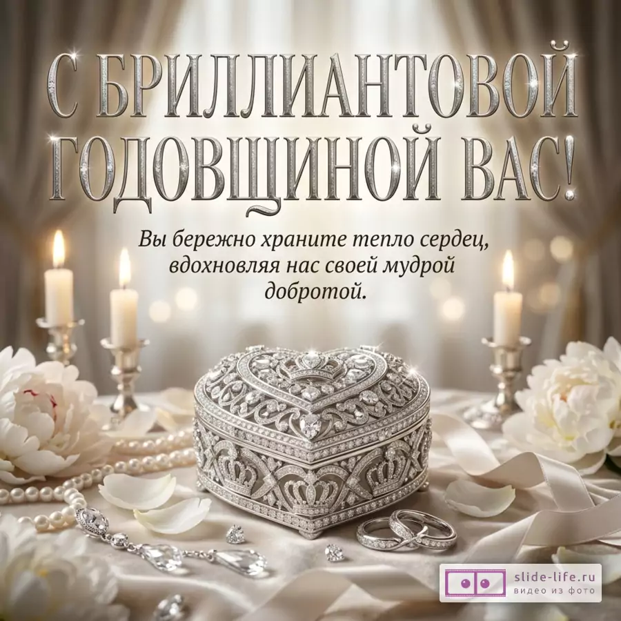 Открытка к 60-летию свадьбы, светлый бежево-кремовый фон, серебристая шкатулка в форме сердца, свечи, белые цветы, кольца, жемчуг, текст «С Бриллиантовой годовщиной вас! Вы бережно храните тепло сердец, вдохновляя нас своей мудрой добротой.»
