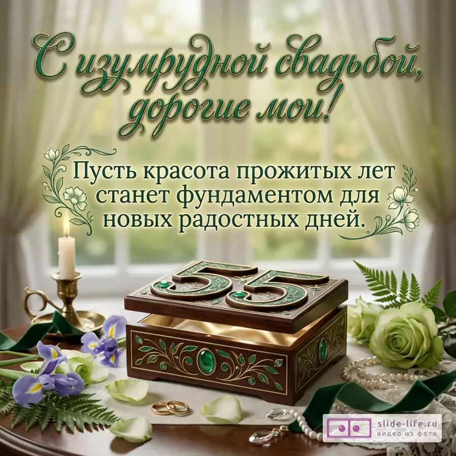 Открытка с текстом «С изумрудной свадьбой, дорогие мои! Пусть красота прожитых лет станет фундаментом для новых радостных дней.» светлый бежево-зеленый фон, шкатулка с числом 55, свеча, кольца, белые розы, фиолетовые ирисы, жемчуг, зеленые листья