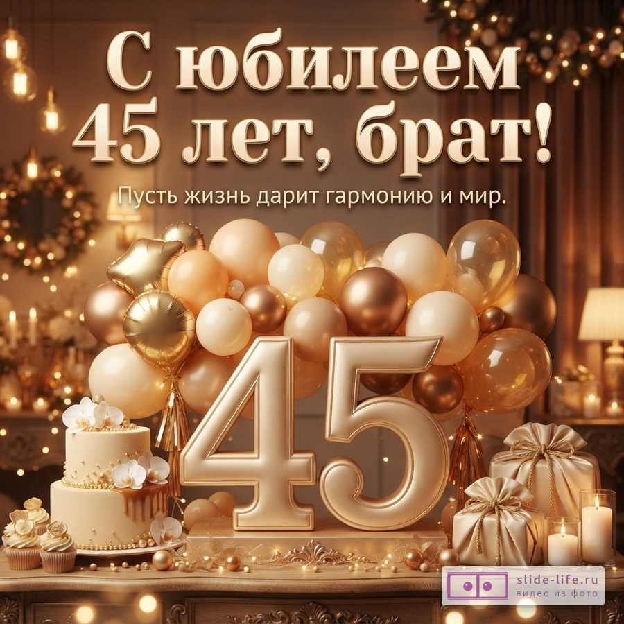 Открытка с юбилеем 45 лет, фон коричневый, текст «С юбилеем 45 лет, брат! Пусть жизнь дарит гармонию и мир», цифры 45, торт, кексы, шары, свечи, подарки