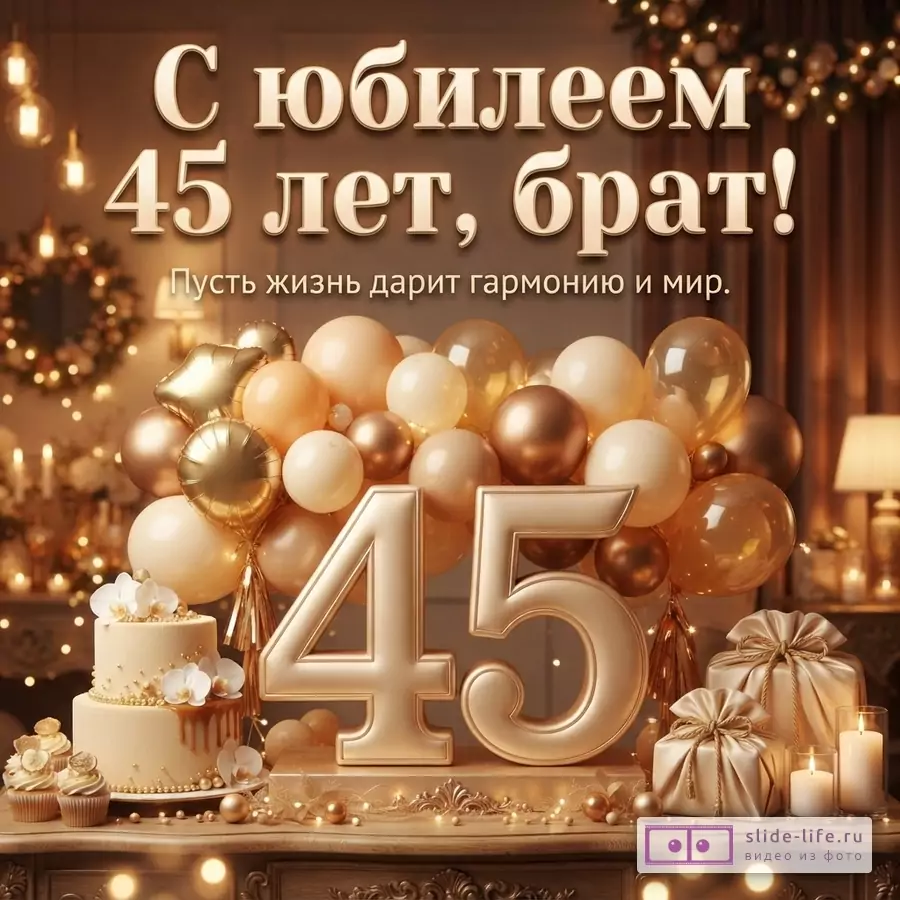 Открытка с юбилеем 45 лет, фон коричневый, текст «С юбилеем 45 лет, брат! Пусть жизнь дарит гармонию и мир», цифры 45, торт, кексы, шары, свечи, подарки
