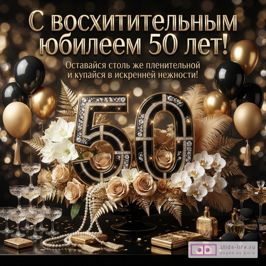 Открытка на черном фоне с золотыми и черными шарами, золотыми цветами и перьями, цифрами «50» с бриллиантами. Текст: «С восхитительным юбилеем 50 лет! Оставайся столь же пленительной и купайся в искренней нежности!»
