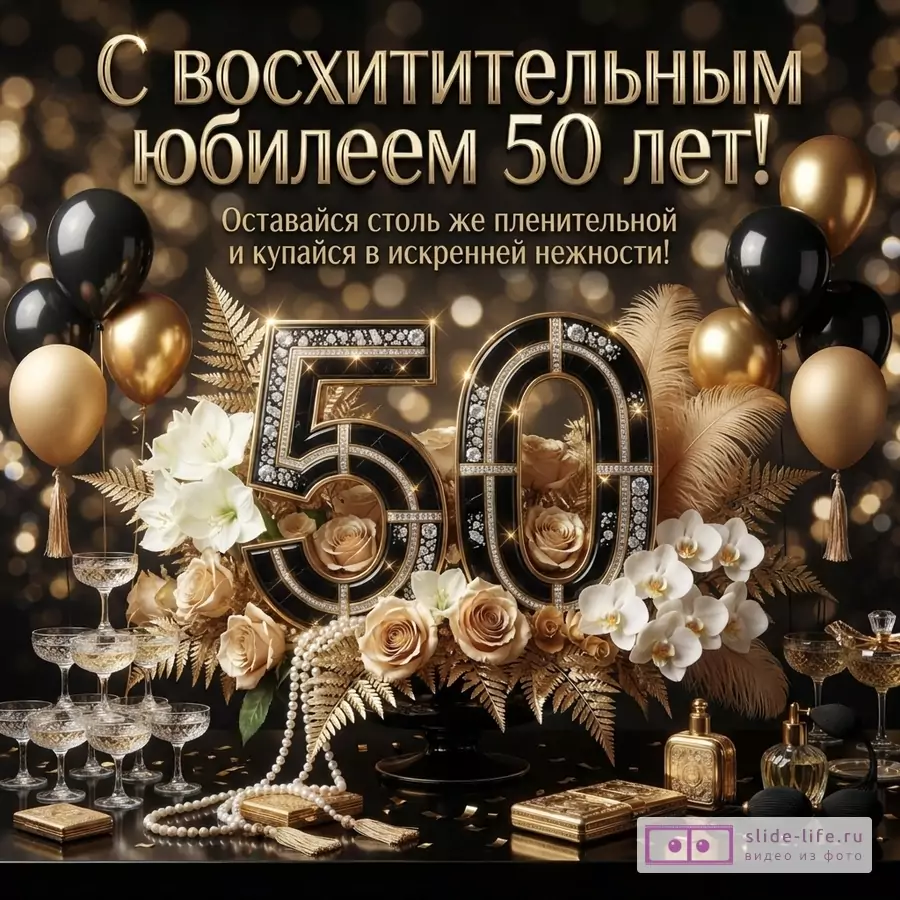 Открытка на черном фоне с золотыми и черными шарами, золотыми цветами и перьями, цифрами «50» с бриллиантами. Текст: «С восхитительным юбилеем 50 лет! Оставайся столь же пленительной и купайся в искренней нежности!»
