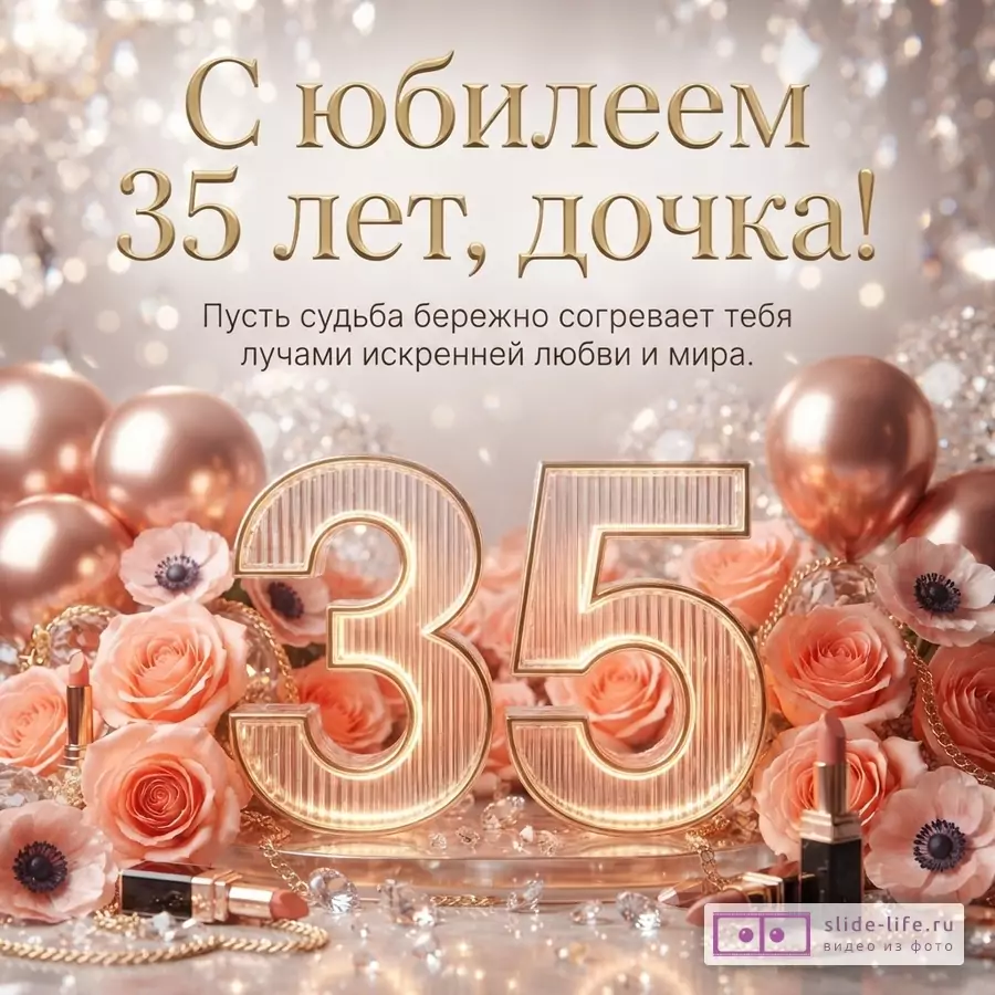 Большая цифра 35 в окружении роз, шаров цвета розового золота и помады с текстом «С юбилеем 35 лет, дочка! Пусть судьба бережно согревает тебя лучами искренней любви и мира.»