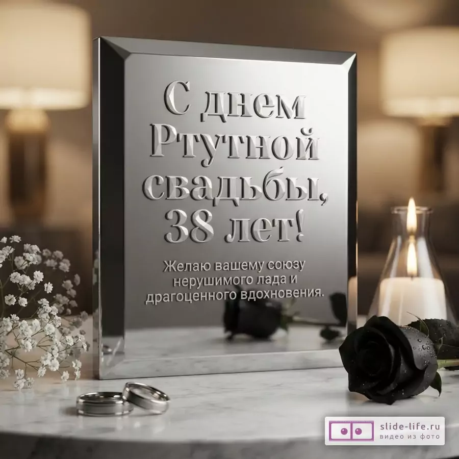 Серебряная табличка с гравировкой на мраморном столе, фон размытый, свечи, цветы гипсофилы, черная роза, обручальные кольца. Текст: «С днем Ртутной свадьбы, 38 лет! Желаю вашему союзу нерушимого лада и драгоценного вдохновения.»