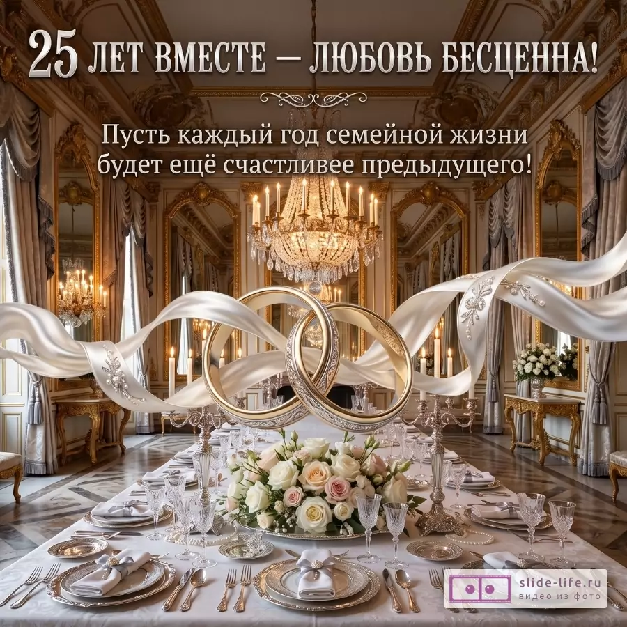 Серо-золотой праздничный зал, белые ленты, кольца, стол с бело-розовыми цветами. «25 ЛЕТ ВМЕСТЕ — ЛЮБОВЬ БЕСЦЕННА!» «Пусть каждый год семейной жизни будет ещё счастливее предыдущего!»