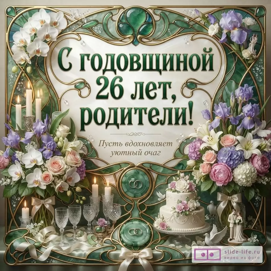 Зеленый фон, золотая декоративная рамка, белые и сиреневые цветы, свечи, торт, бокалы, кольца. Текст «С годовщиной 26 лет, родители! Пусть вдохновляет уютный очаг.»