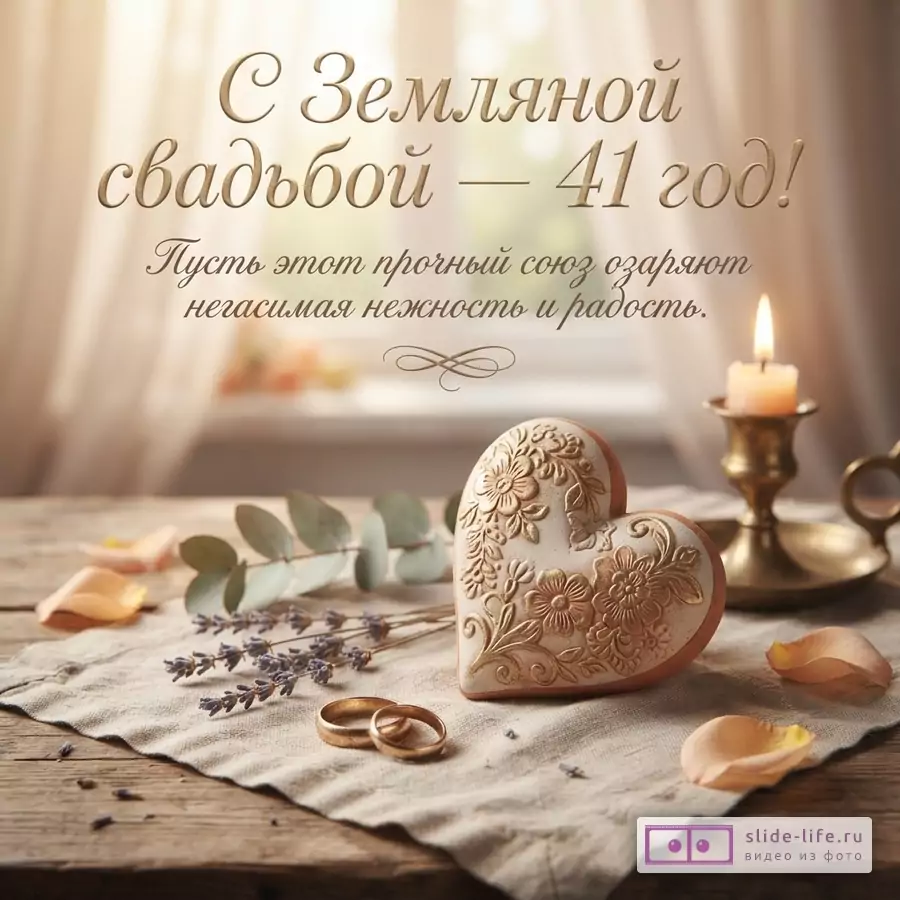 Фон размытый, светлый. На переднем плане бежевая льняная скатерть, на ней два золотых обручальных кольца, веточка лаванды, белое сердце с рельефным узором, лепестки роз, горящая свеча в подсвечнике. Текст: «С Земляной свадьбой — 41 год! Пусть этот прочный союз озаряют негасимая нежность и радость.»