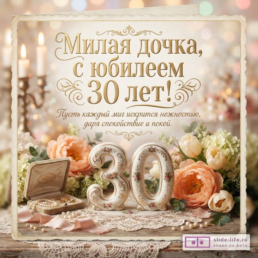 Фарфоровая цифра 30 с цветами, шкатулка с жемчугом и свечи на бежевом фоне с надписью «Милая дочка, с юбилеем 30 лет! Пусть каждый миг искрится нежностью, даря спокойствие и покой.»