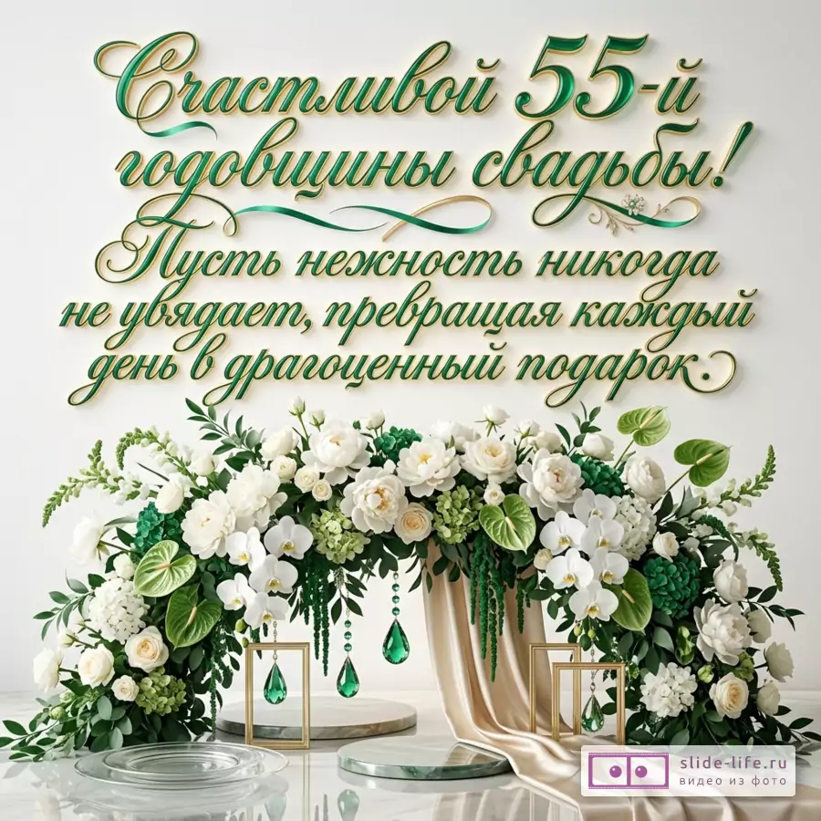 Белый фон, зеленая и золотистая каллиграфическая надпись «Счастливой 55-й годовщины свадьбы! Пусть нежность никогда не увядает, превращая каждый день в драгоценный подарок.», белые цветы, зелень, изумрудные подвески, золотые рамки, кремовая ткань
