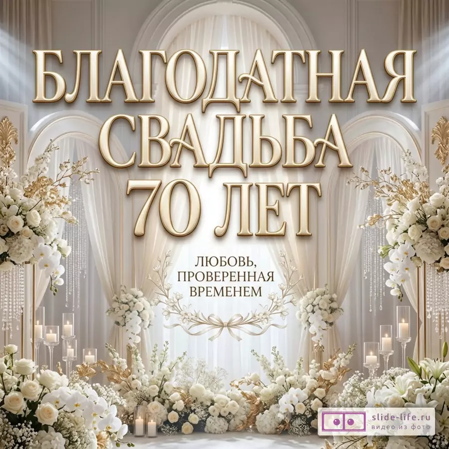 Белый и бежевый фон, золотой объемный текст «БЛАГОДАТНАЯ СВАДЬБА 70 ЛЕТ ЛЮБОВЬ, ПРОВЕРЕННАЯ ВРЕМЕНЕМ», арки с драпировками, белые цветы, свечи, золотой декор