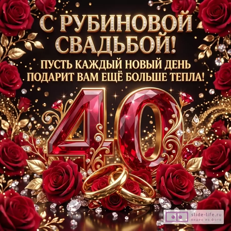 «С рубиновой свадьбой! Пусть каждый новый день подарит вам ещё больше тепла!» Темный фон, золотые надписи, красные розы, рубиновые цифры 40, золотые кольца.