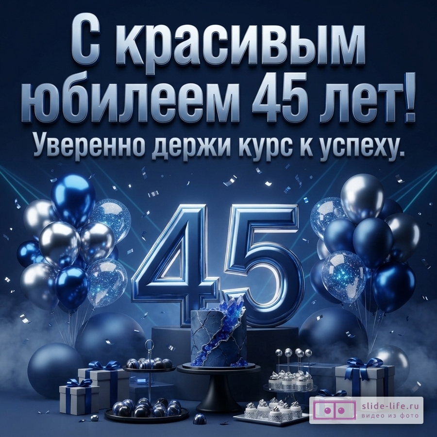 Фон синий, сверху текст «С красивым юбилеем 45 лет! Уверенно держи курс к успеху.», в центре крупные цифры 45, вокруг синие и серебряные шары, подарки, торт и сладости.