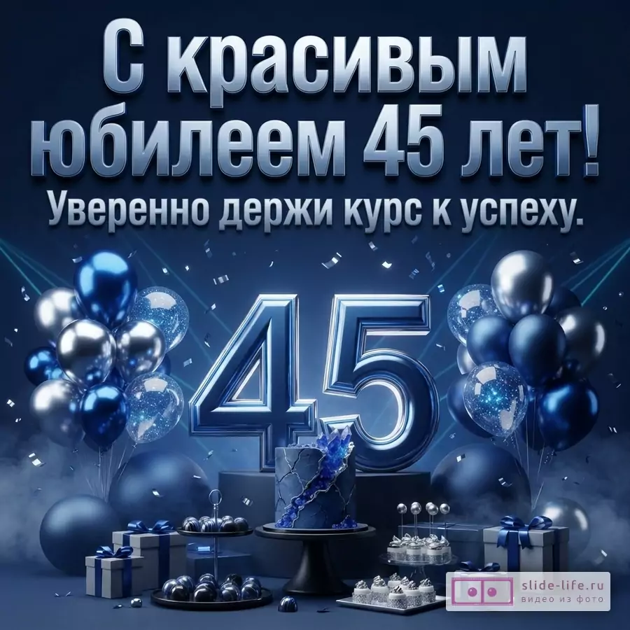 Фон синий, сверху текст «С красивым юбилеем 45 лет! Уверенно держи курс к успеху.», в центре крупные цифры 45, вокруг синие и серебряные шары, подарки, торт и сладости.