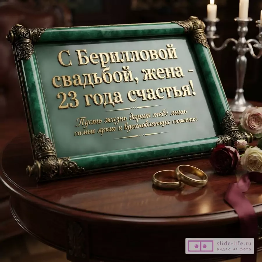 Зеленый малахитовый свиток с надписью «С Берилловой свадьбой, жена 23!», золотые обручальные кольца и розы на круглом деревянном столе.